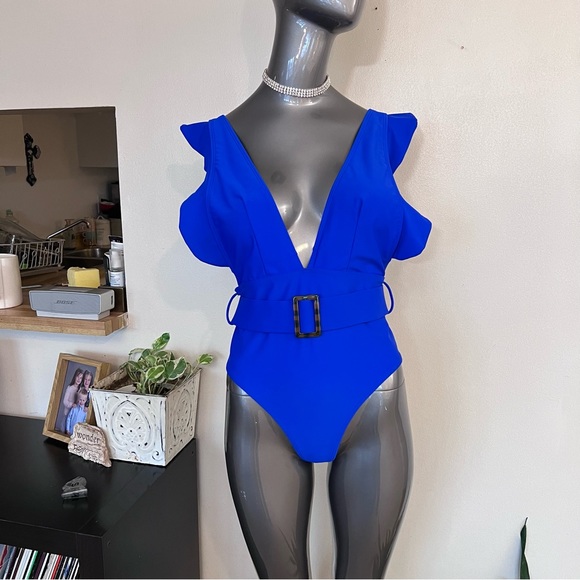 SHEIN Other - SHEIN | Royal blue v neck adjustable ruffle sleeved one piece bathing sw…